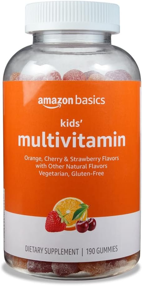Amazon Basics Kids’ Multivitamin, 190 Gummies, Orange, Cherry & Strawberry (Previously Solimo)