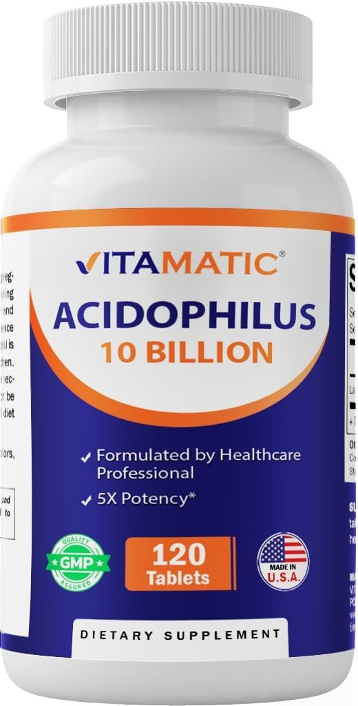 Vitamatic Acidophilus Probiotic – 10 Billion CFU – 5X Potency – Daily Probiotic Supplement, Supports Digestive Health – 120 Tablets
