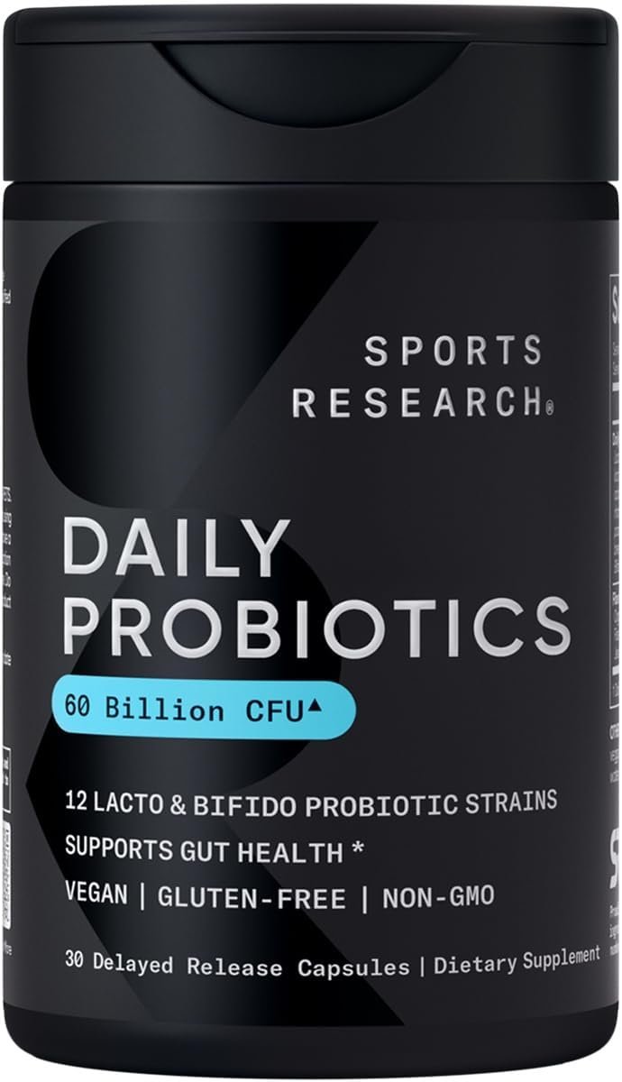 Sports Research Daily Probiotics with Prebiotics, 60 Billion CFU – Vegan Capsules for Gut Health & Digestive Support, Probiotics for Women & Men – Non-GMO Verified & Gluten Free – 30 Count