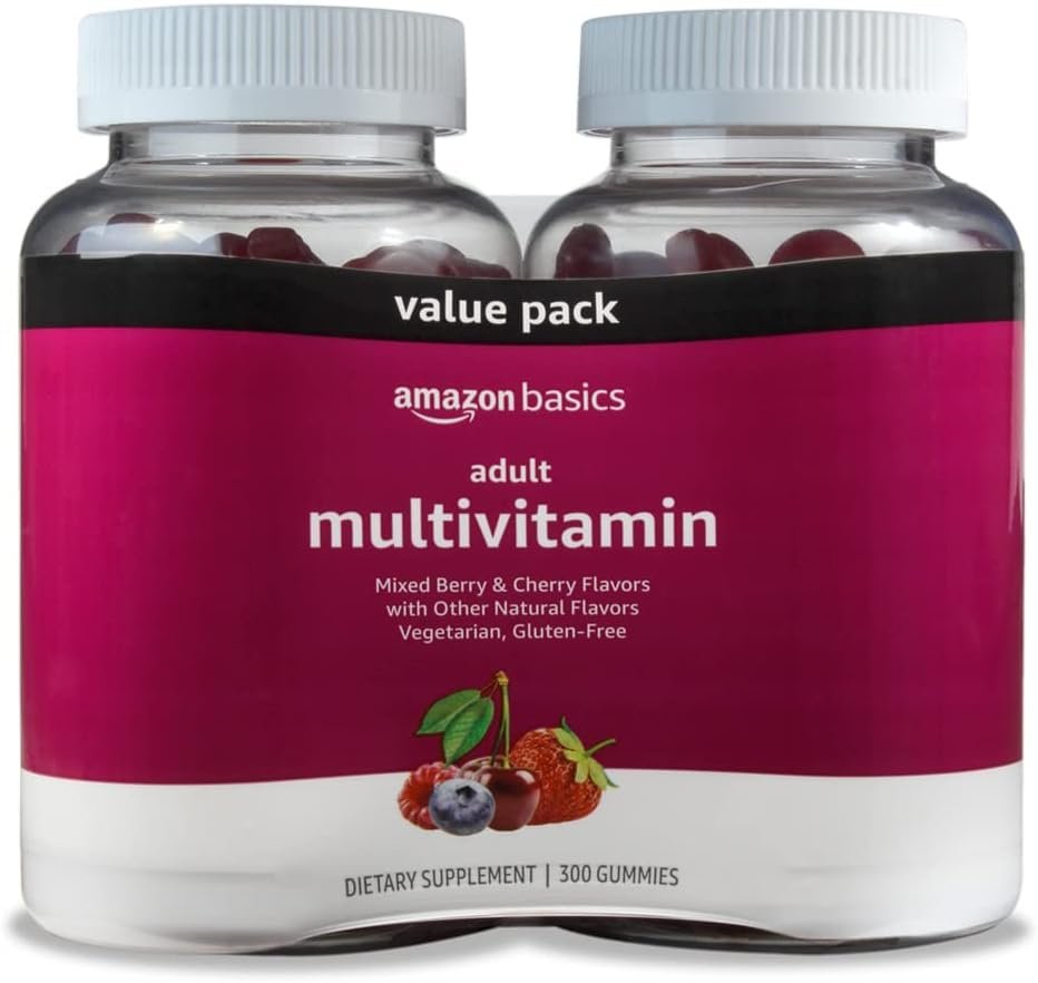 Amazon Basics Adult Multivitamin Gummies, Mixed Berry & Cherry, 150 Gummies, 75-Day Supply, Pack of 2 (Previously Solimo)