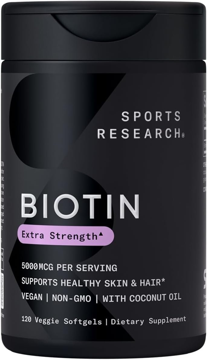 Sports Research® Biotin 5,000mcg with Organic Coconut Oil – Biotin (Vitamin B7) for Healthy Skin and Hair Support* – for Women and Men – Vegan, Non-GMO, Gluten & Soy-Free – 120 Veggie Softgels