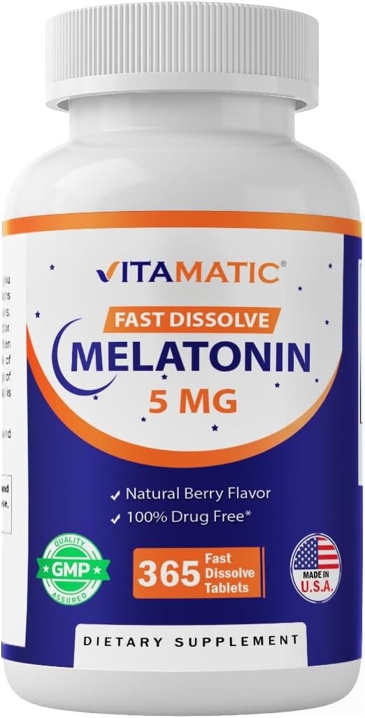 Vitamatic Melatonin 5 mg Tablets | Vegetarian, Non-GMO, Gluten Free | 1 Year Supply | Natural Berry Flavor – 365 Tablets