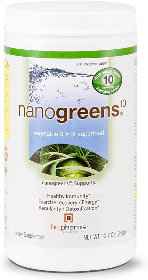 Biopharma Scientific NanoGreens: Greens Superfood Fruit & Vegetable Powder for Digestive Health & Immunity with Spirulina, Chlorella, Kale, Spinach, Plant Based, Green Apple Flavor, 30 Servings