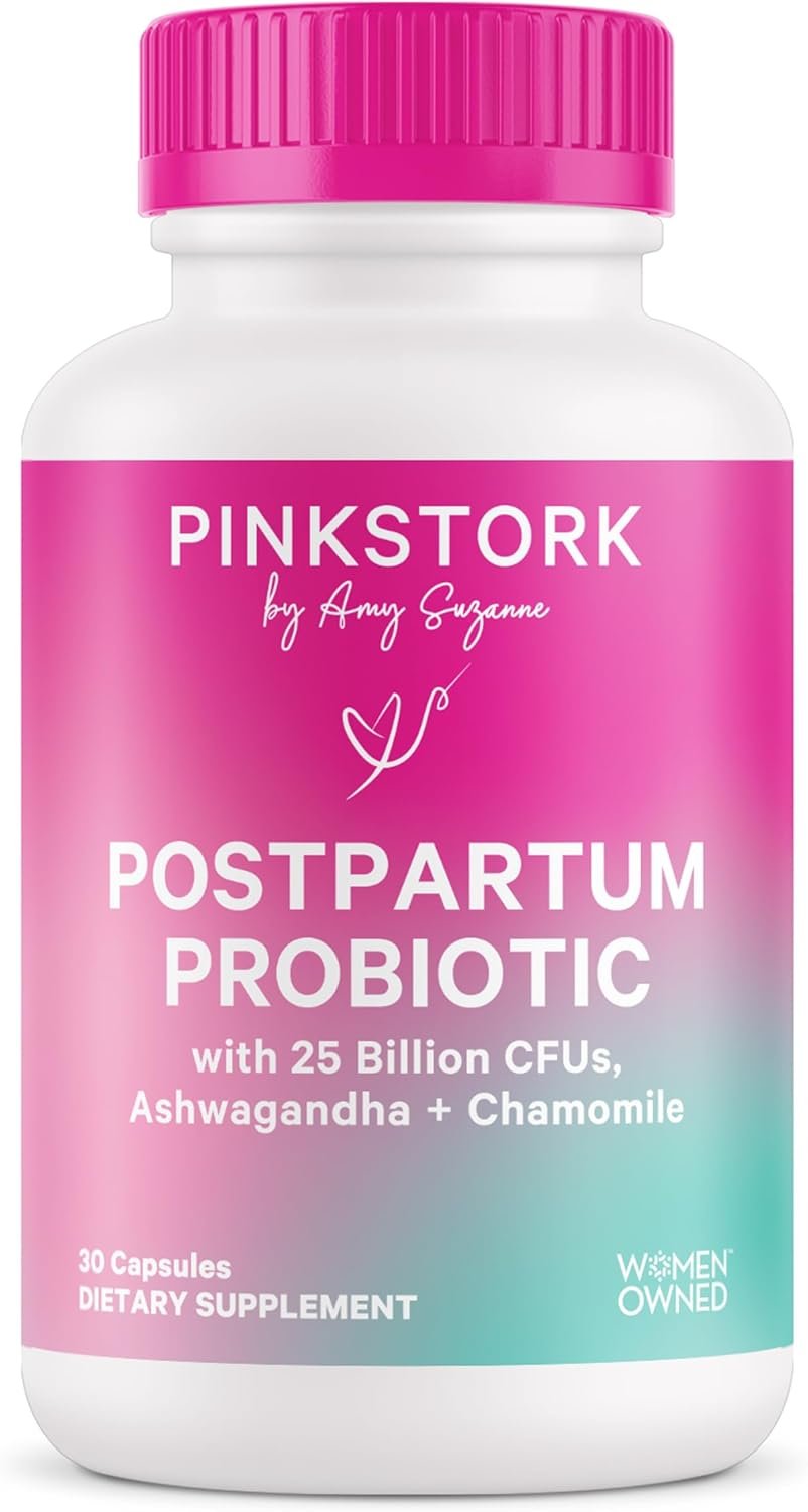 Pink Stork Probiotics for Postnatal Women – 30 Billion CFUS with Ashwagandha and Chamomile, Postpartum Essentials for Hormone Balance, Mood Support, Gut Health, Digestive Wellness, 30 Capsules