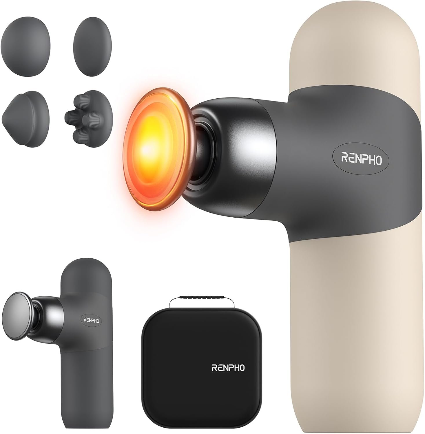 RENPHO Mini Thermal Massage Gun with Heat, Christmas Birthday Gifts for Women Men, Portable Deep Tissue Percussion Massager, Color Silicone Sleeves Travel Size with Carry Case, Grey