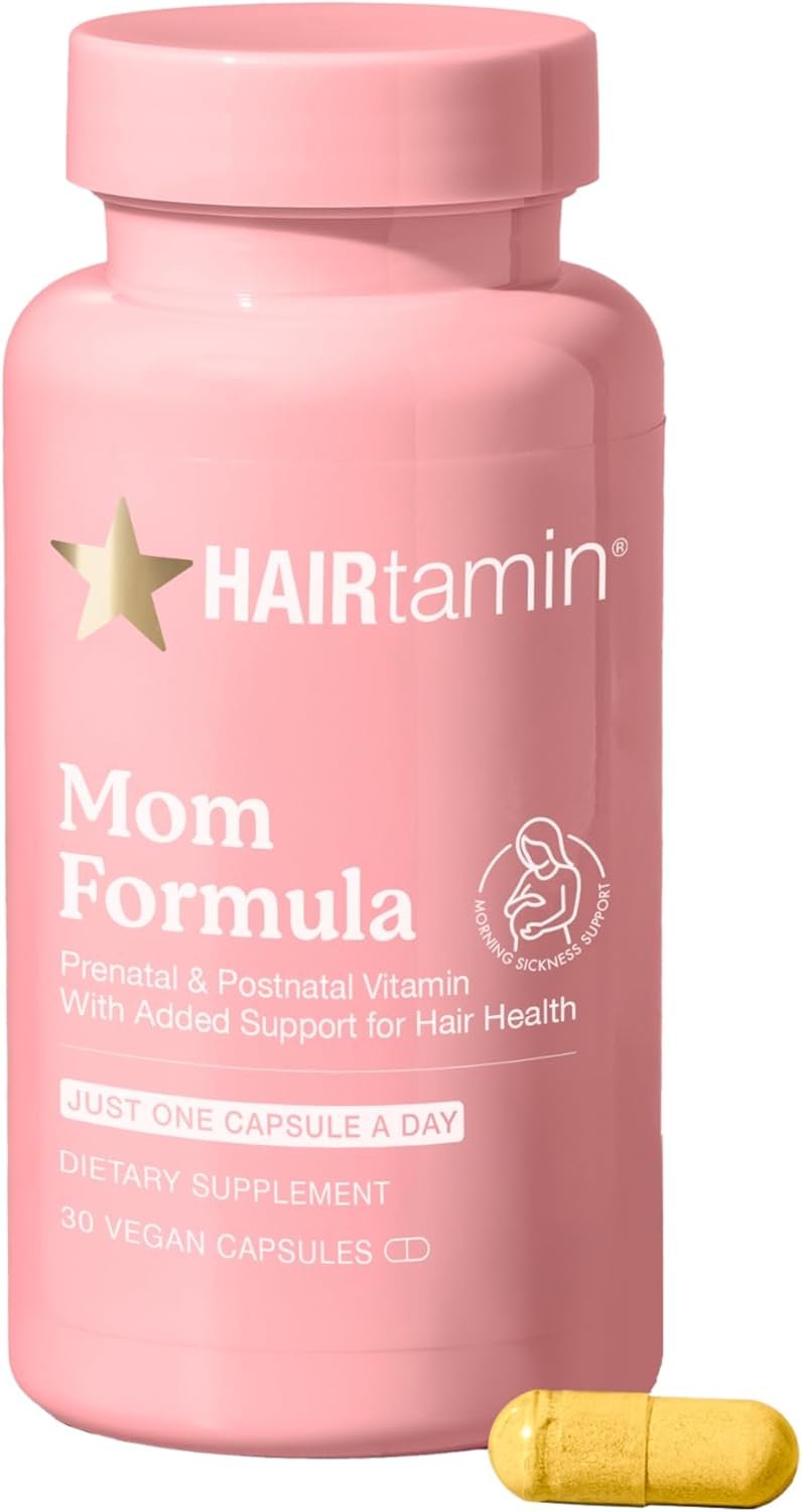 HAIRtamin MOM Vegan Prenatal & Postnatal Multivitamin Supplement & Hair Vitamin Pregnancy, Postpartum, Breastfeeding Probiotic One-a-Day Hair Vitamins with Biotin, Zinc, Iron (30 Counts)