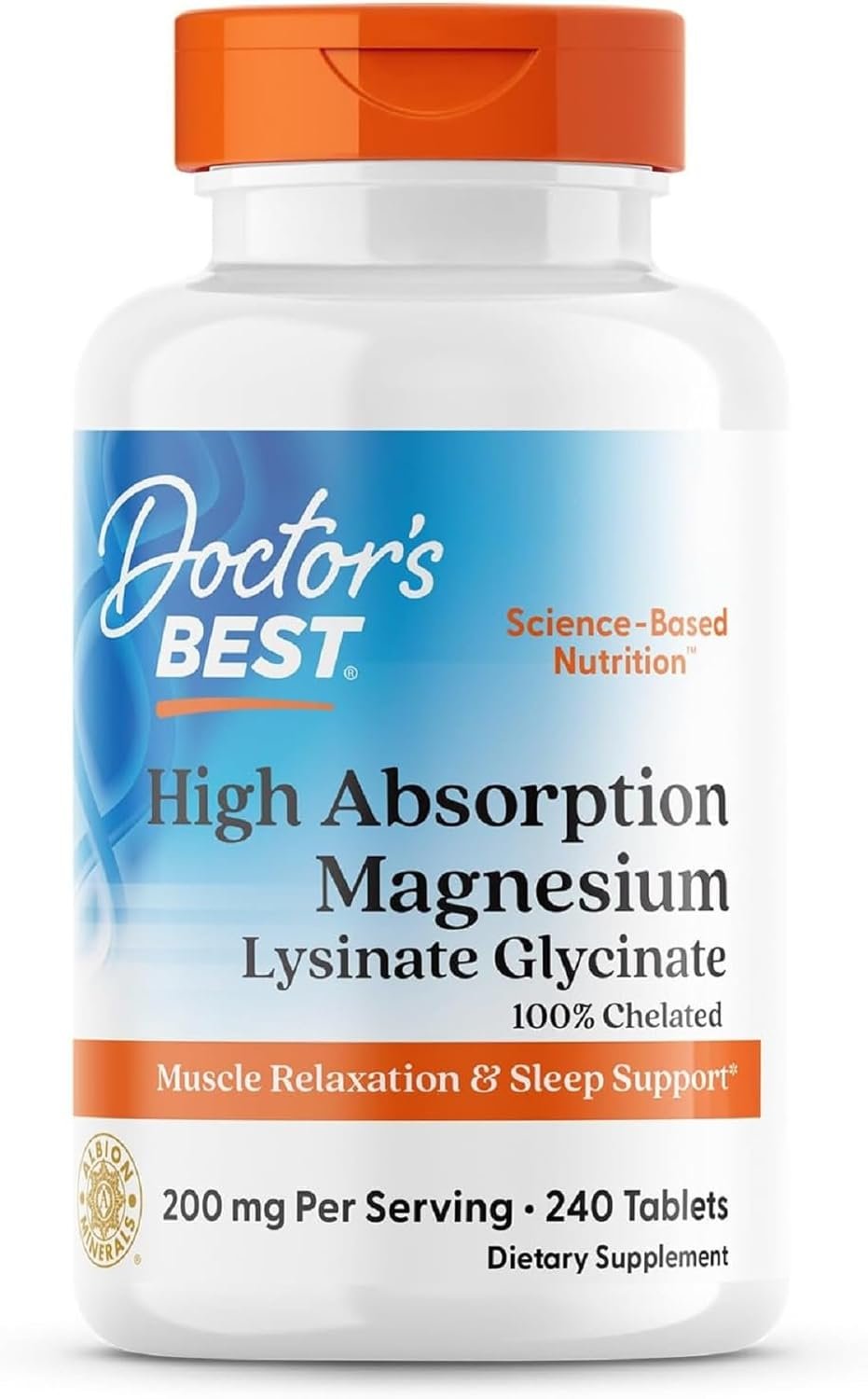 Doctor’s Best High Absorption Magnesium Glycinate Lysinate Supplement – 100% Chelated for Maximum Absorption – Magnesium for Sleep and Muscle Relaxation – 200 Mg Per Serving – 240 Tablets