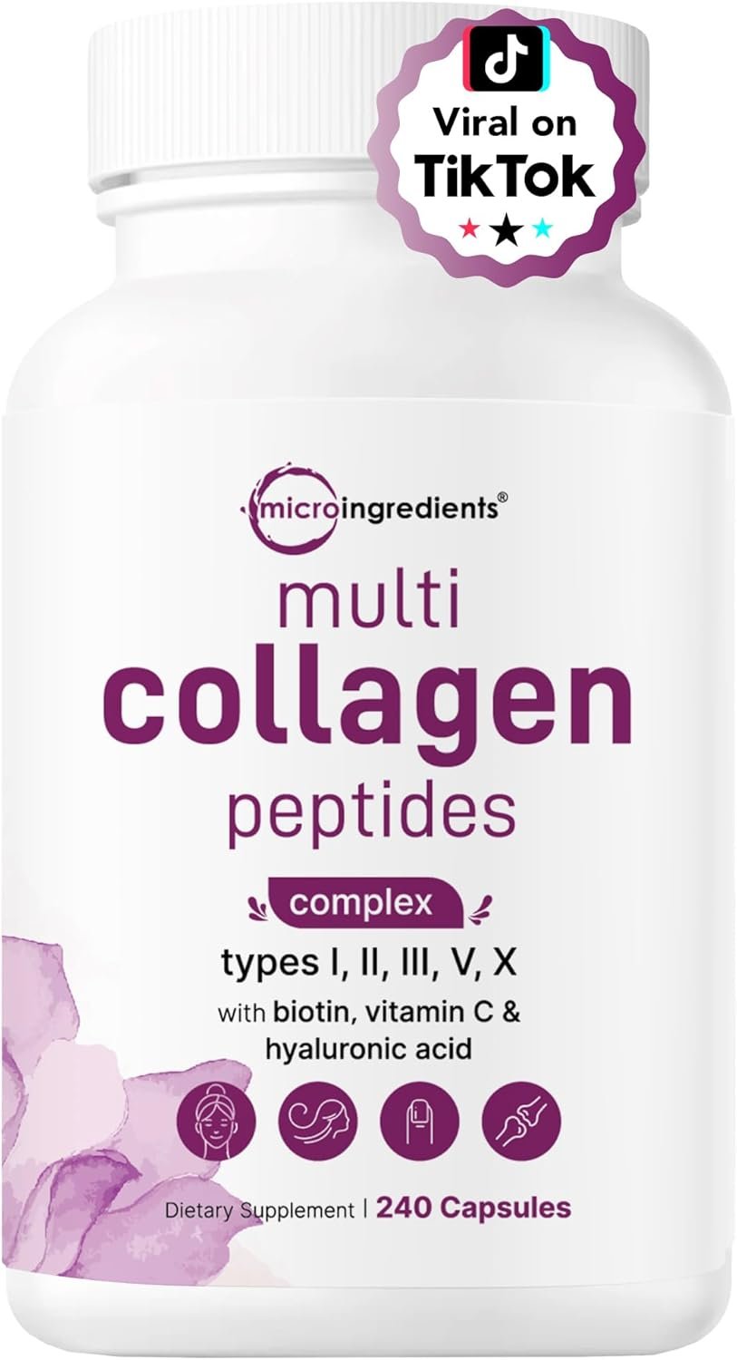 Micro Ingredients Multi Collagen Pills for Women & Men, 240 Capsules | Type I, II, III, V, X | Hydrolyzed Peptides with Biotin, Hyaluronic Acid, & Fat Soluble Vitamin C Complex | Non-GMO, Filler Free