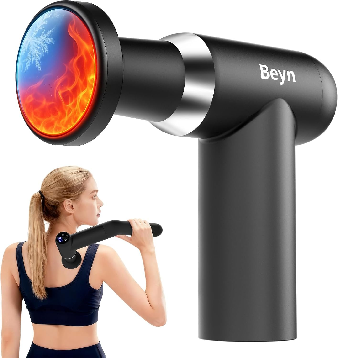 Beyn Hot and Cold Fascia Gun – Detachable Extended Handle Massage Gun,Deep Tissue Massage Gun, Used for Relieving Pain in The Back/Muscles of The Neck/Body, with 6 Massage Heads, LCD Display.