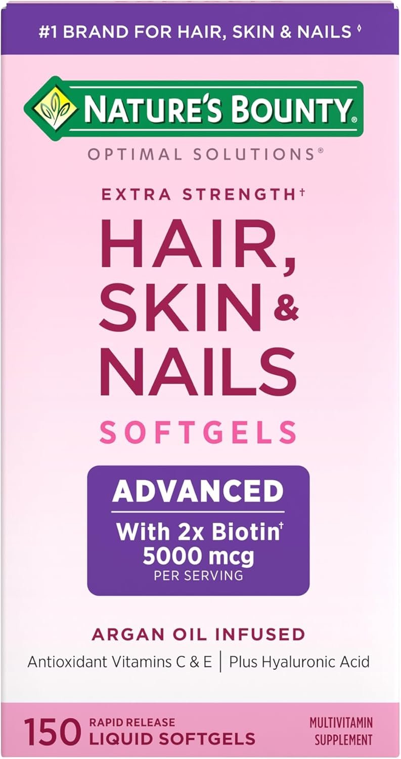 Nature’s Bounty Advanced Hair, Skin & Nails, Argan-Infused Vitamin Supplement with Biotin and Hyaluronic Acid, 150 Rapid Release Softgels, 50 Total Servings
