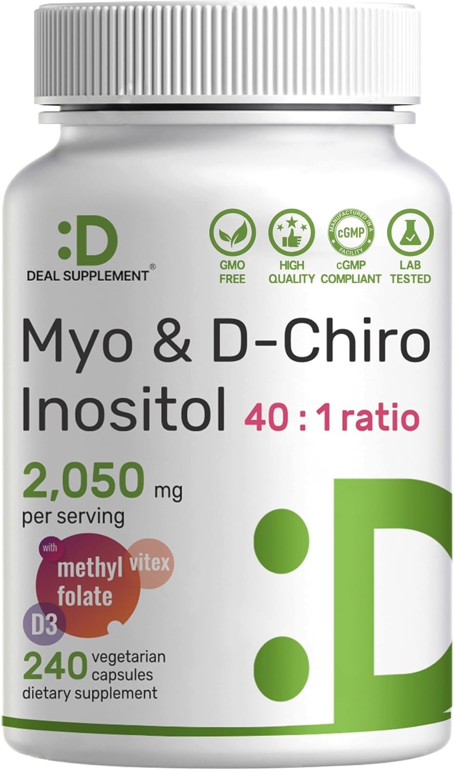 Myo-Inositol & D-Chiro Inositol Supplement for Women (40:1) | 2,050mg Per Serving | 240 Veggie Capsules | with Folate, Vitamin D3 & Vitex | Hormonal Balance & Cycle Support | Non-GMO
