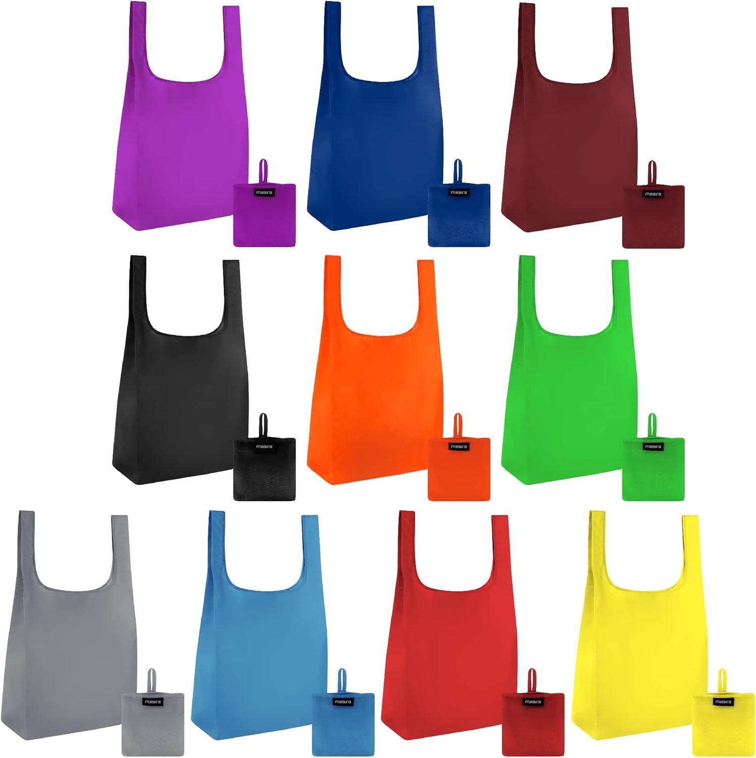 Masirs Reusable Grocery Bag (10-PACK | COLORS) – Reusable Ripstop Bags – Large, Strong Eco Friendly Bags – Foldable Shopping Bag – For Kitchen, Grocery & More – Packable Shopping Bag