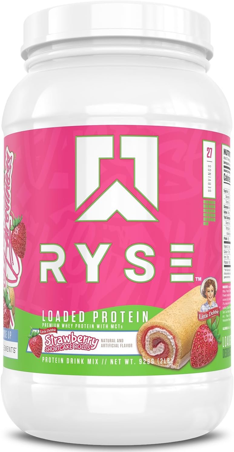 RYSE Loaded Protein Powder – Little Debbie Strawberry Shortcake Rolls – 25g Whey Protein Isolate & Concentrate with Prebiotic Fiber & MCTs – Low Carb & Low Sugar – 27 Servings / 2 lb Tub