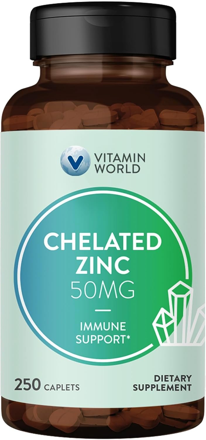 Vitamin World Chelated Zinc 50 mg – 250 Caplets, High Potency & Well Absorbed Chelated Zinc Supplement, Supports Immune, Skin & Antioxidant Health, Gluten-Free, 250 Days Supply