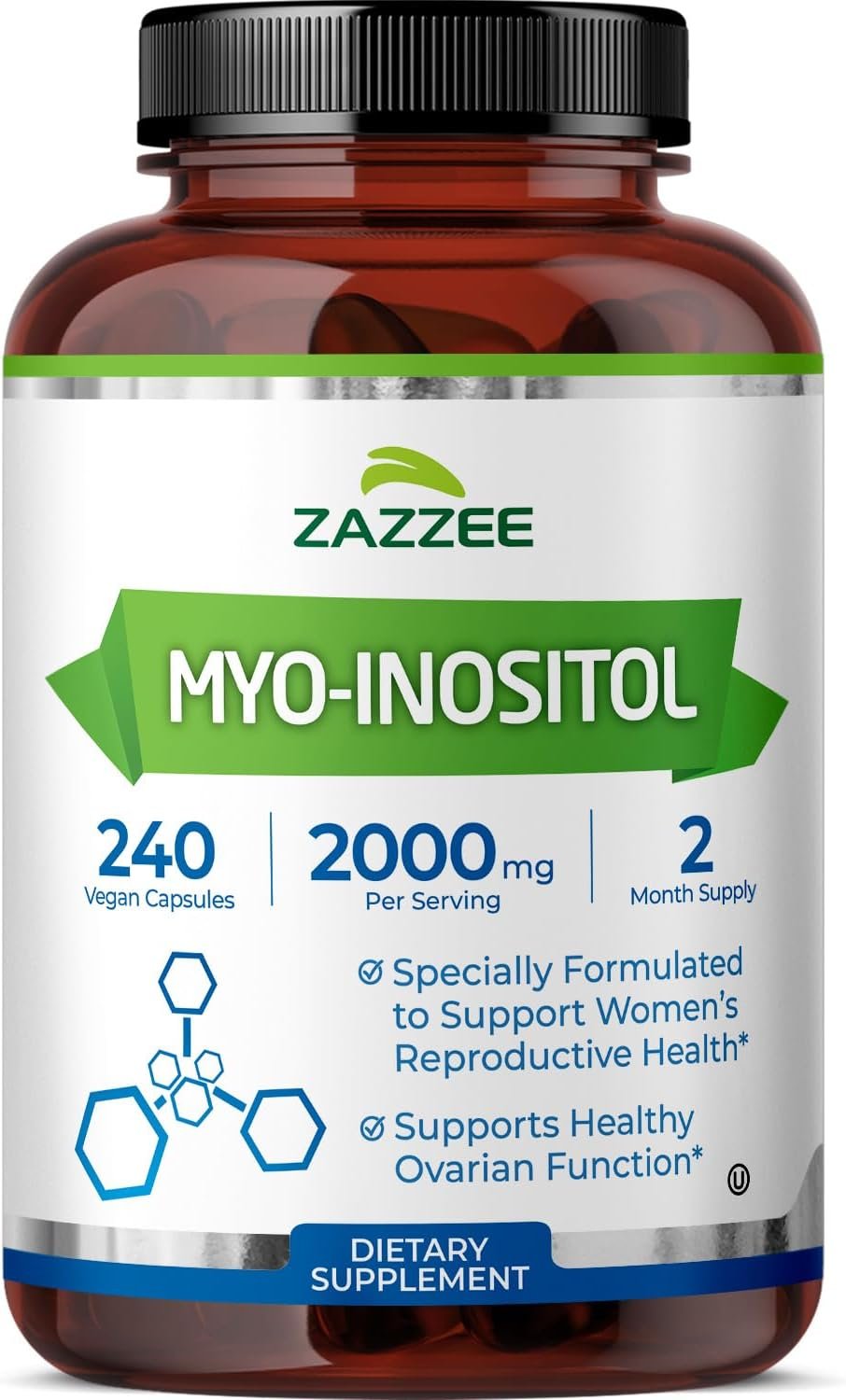 Zazzee Myo-Inositol Capsules, 2000 mg per Serving, 240 Vegan Capsules, Ideal Dosage for 40:1 Ratio, Kosher, 100% Vegetarian, Hormone Balance & Healthy Ovarian Function Support, All-Natural and Non-GMO