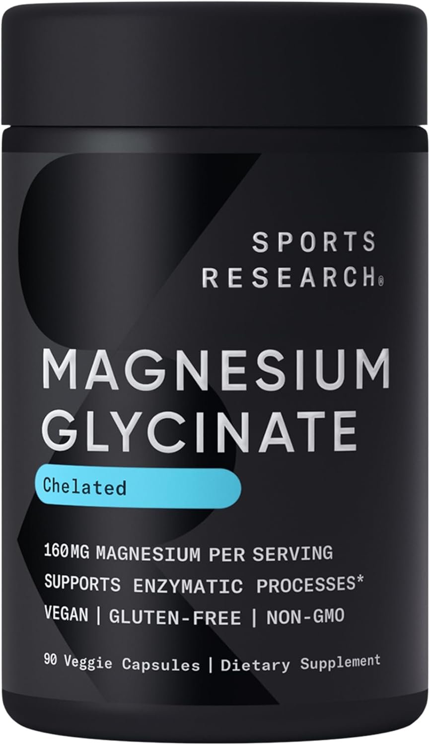 Sports Research® Magnesium Glycinate – Supports Restful Sleep & Enzymatic Processes – 160 mg Chelated Magnesium – Vegan Capsule – 90 Count