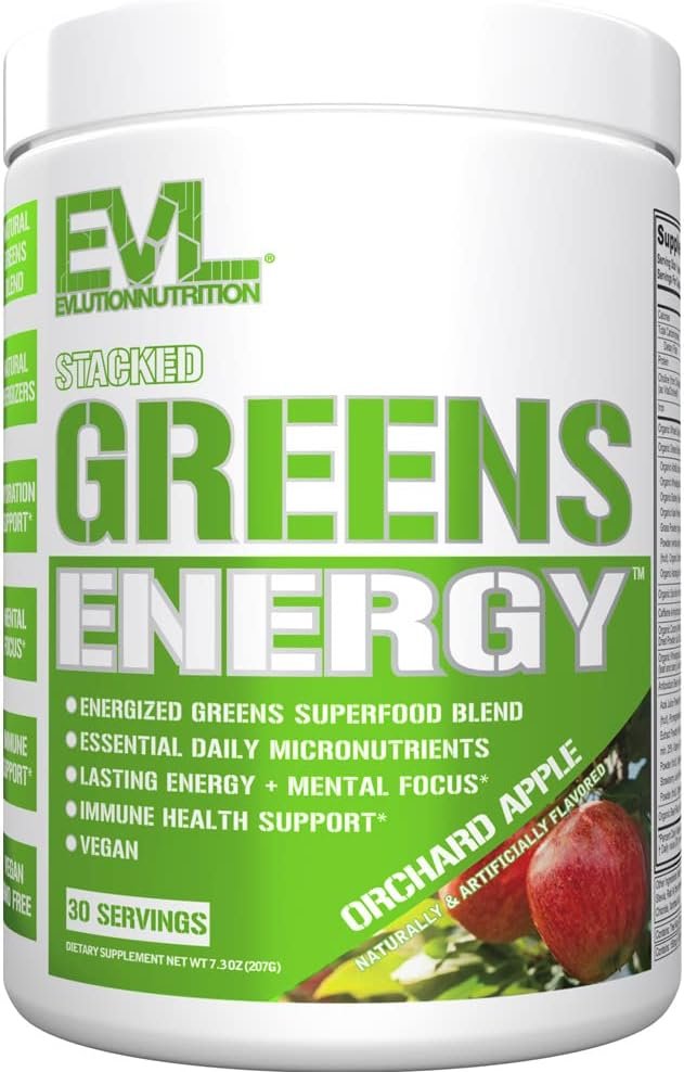 Greens and Superfoods Energy Drink Powder – EVL Super Greens Powder Smoothie Mix with Caffeine Spirulina Chlorella and Wheat Grass – Vegan – for Energy Focus and Immunity