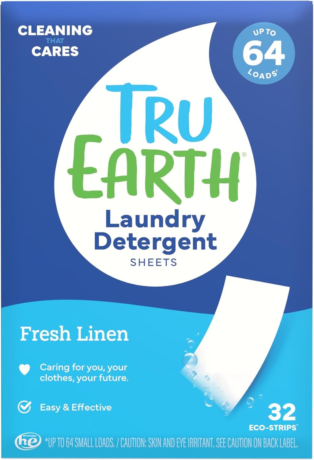 Tru Earth Compact Dry Laundry Detergent Sheets – Up to 64 Loads (32 Sheets) – Paraben-Free – Original Eco-Strip Liquidless Detergen – Fresh Linen | Packaging May Vary