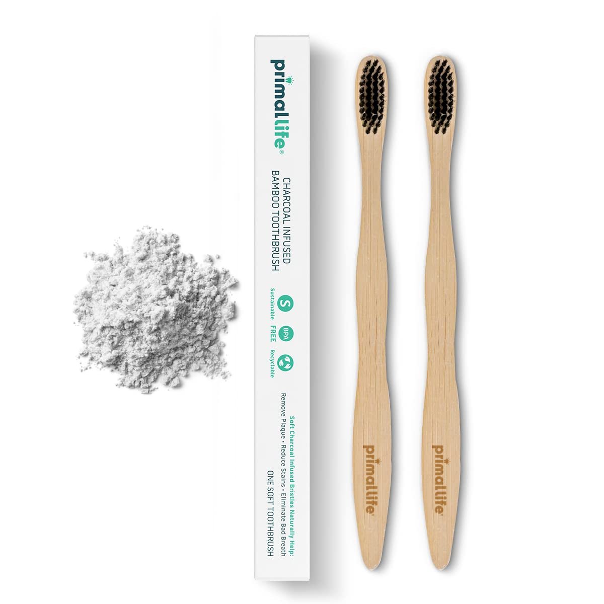 Primal Life Organics – Charcoal Toothbrush, Made with Charcoal & Bamboo, Biodegradable, BPA-Free, Perfect for Kids & Adults, Recyclable, Gently Massages Gums & Teeth, Zero Waste Toothbrush, (2-Pack)