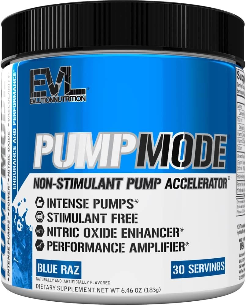 EVL PumpMode Nitric Oxide Supplement – Nitric Oxide Booster Pump Pre Workout Powder with Glycerol and Betaine for Muscle Recovery Growth and Endurance – Stim Free Pre Workout Drink (Blue Raz)