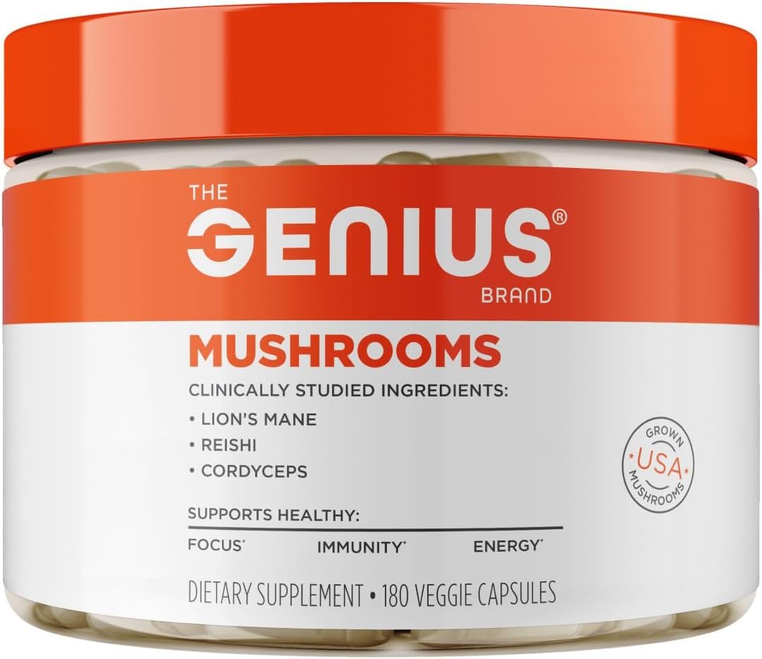 Genius Mushroom Supplement – Full-Spectrum Lion’s Mane, Cordyceps, Reishi -Daily Brain Nootropic for Energy, Focus, Memory & Overall Wellness – 180 Capsules – Organic for Mental Clarity & Performance