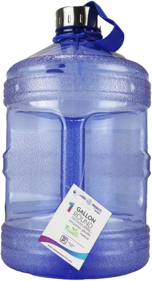 New Wave Enviro Iconic 1 Gallon Round BPA Free Water Bottle with Stainless Steel Cap and Integrated Handle, Ideal for Gym and Outdoor Life, Blue