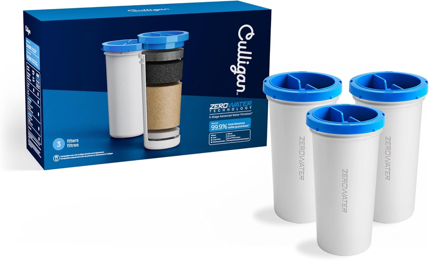 Culligan with ZeroWater Technology Replacement Filter 3-Pack, 5-Stage Advanced Water Filter – IAPMO Certified to Reduce Lead, Total PFAS (Forever Chemicals), Mercury, Fluoride, and Chlorine
