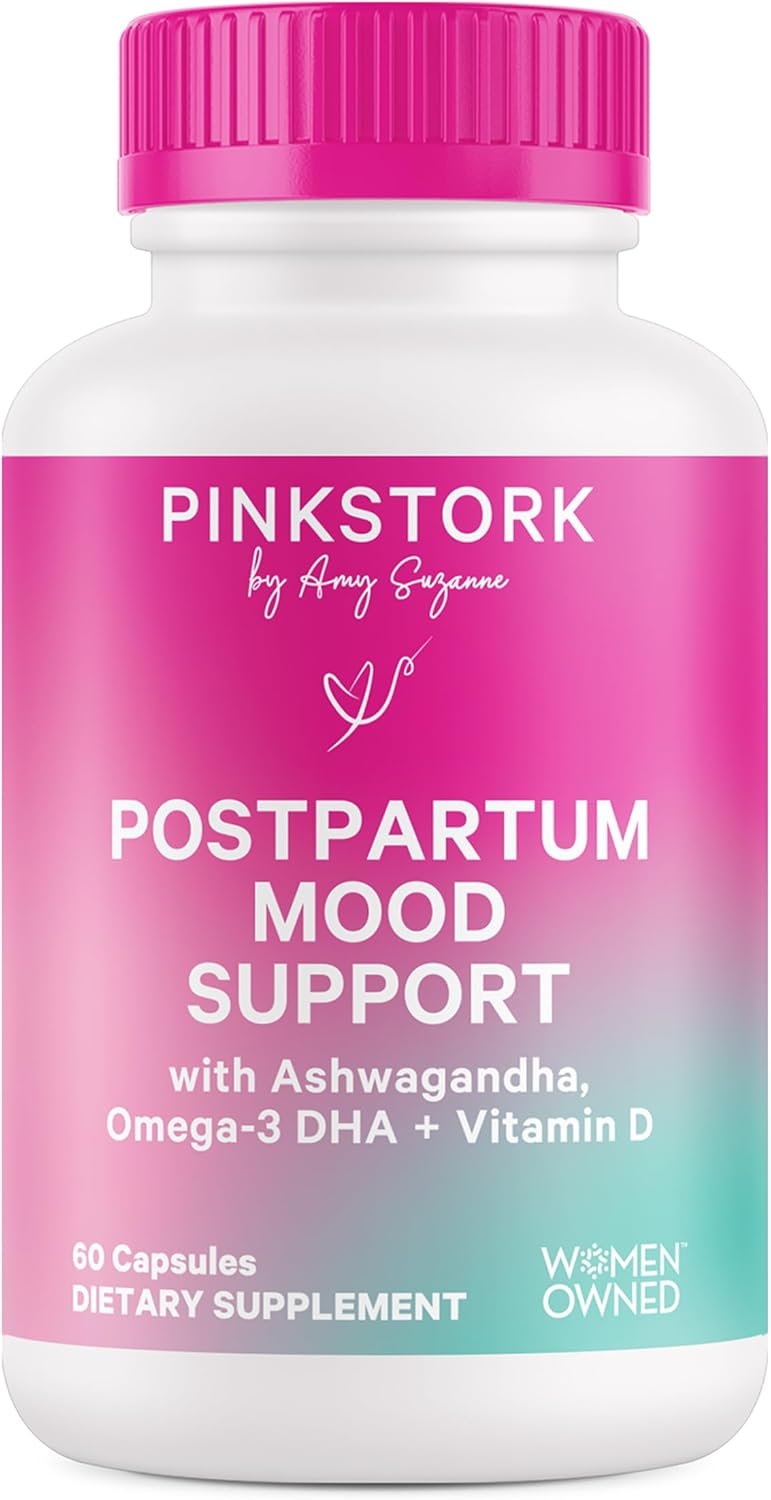 Pink Stork Postpartum Mood Support – Postnatal Hormone Balance for Moms – Breastfeeding Friendly – Stress & Cognitive Support, Postpartum Essentials – Ashwagandha, Chamomile, Unscented, 60 Capsules