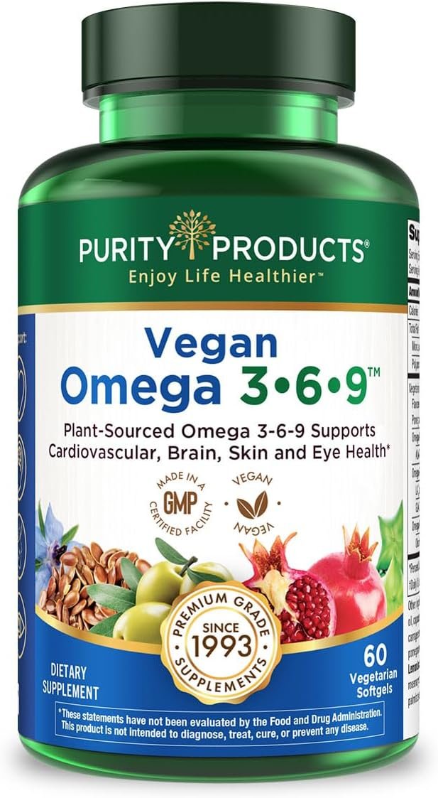 Purity Products Omega 3-6-9 Vegan and Vegetarian Formula – “5 in 1” Essential Fatty Acid Complex – Scientifically Formulated Plant-Based Omega 3 6 9 Essential Fatty Acids (EFA) – from (60)