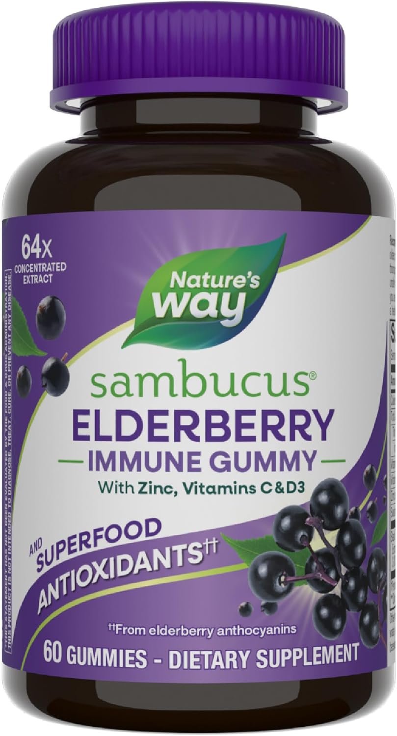 Nature’s Way Sambucus Elderberry Immune Support Gummies for Kids & Adults* with Black Elderberry Extract, Vitamin C, Vitamin D3, and Zinc, 60 Gummies (Packaging May Vary)