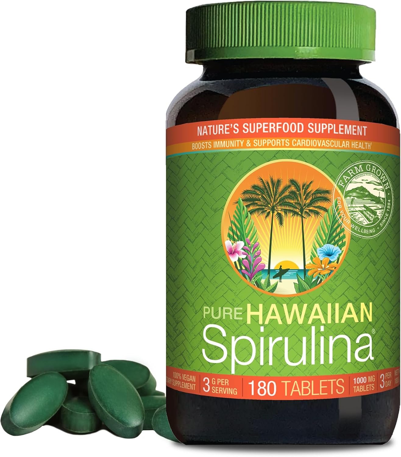 Nutrex Hawaii, Pure Hawaiian Spirulina – 1000 mg Tablets – Hawaiian Grown Natural, Nutrient Rich Superfood – Immune Support, Detox & Energy – Vegan Complete Protein, Non-GMO, Original, 180 Count