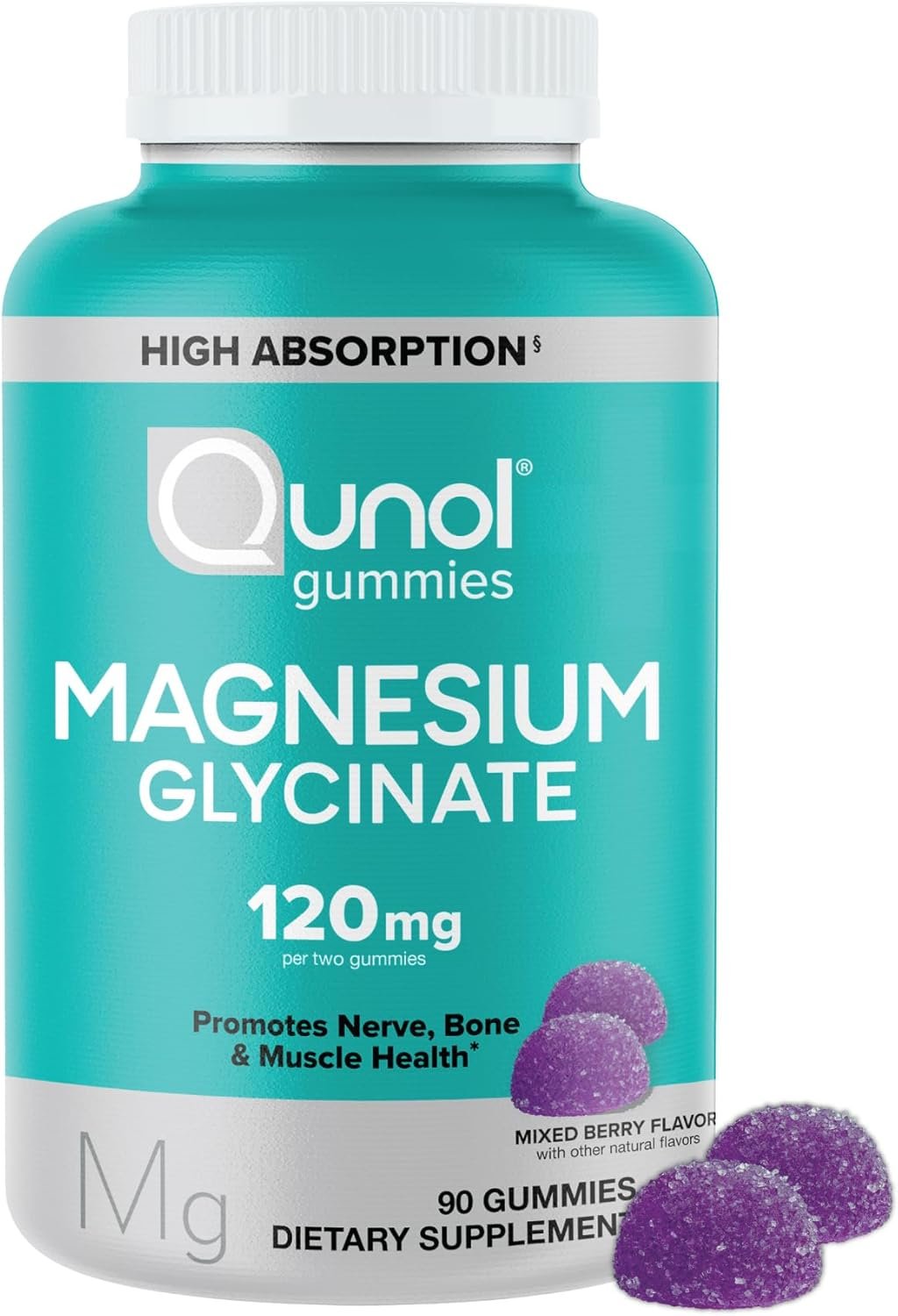 Qunol Magnesium Glycinate Gummies, 120mg of Magnesium Glycinate, High Absorption, Mixed Berry, 90 Count (Pack of 1)