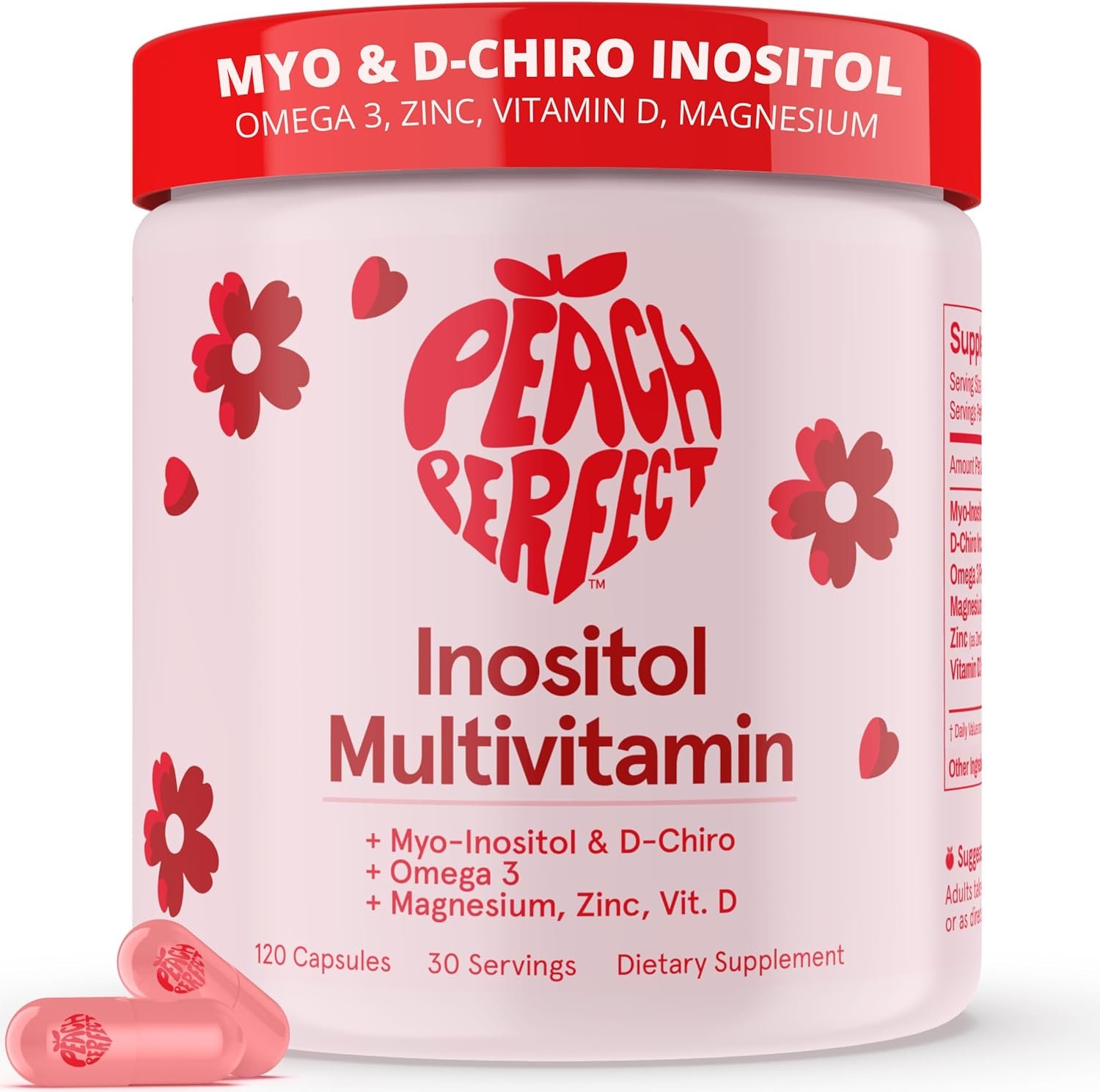 Peach Perfect Inositol Multivitamin Capsules – Myo-Inositol & D-Chiro 40:1 Blend, Omega-3, Vitamin D3, Magnesium, Zinc – Supports Women’s Health, Mood, Energy, Supplement – 30 SVG