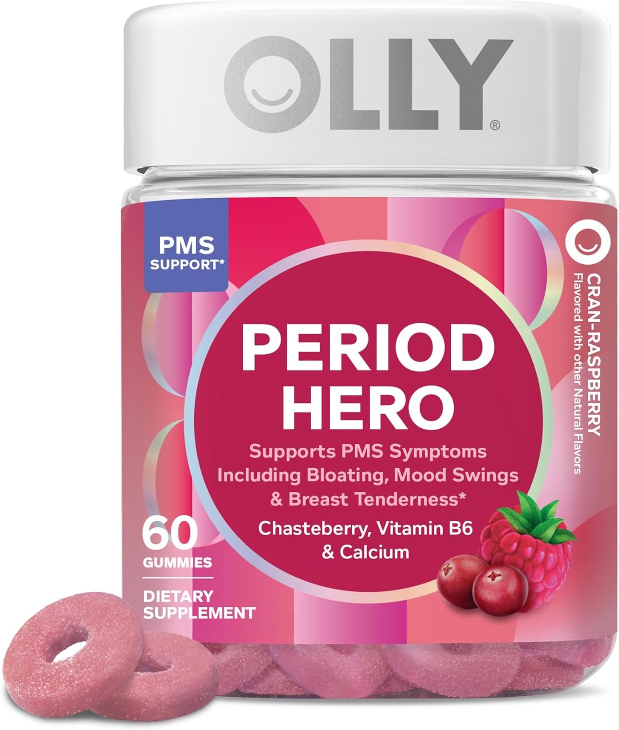 OLLY Period Hero Gummies, PMS Support Supplement,* Chasteberry, Vitamin B6, Calcium, Cran-Raspberry Flavor, 30 Day Supply – 60 Count