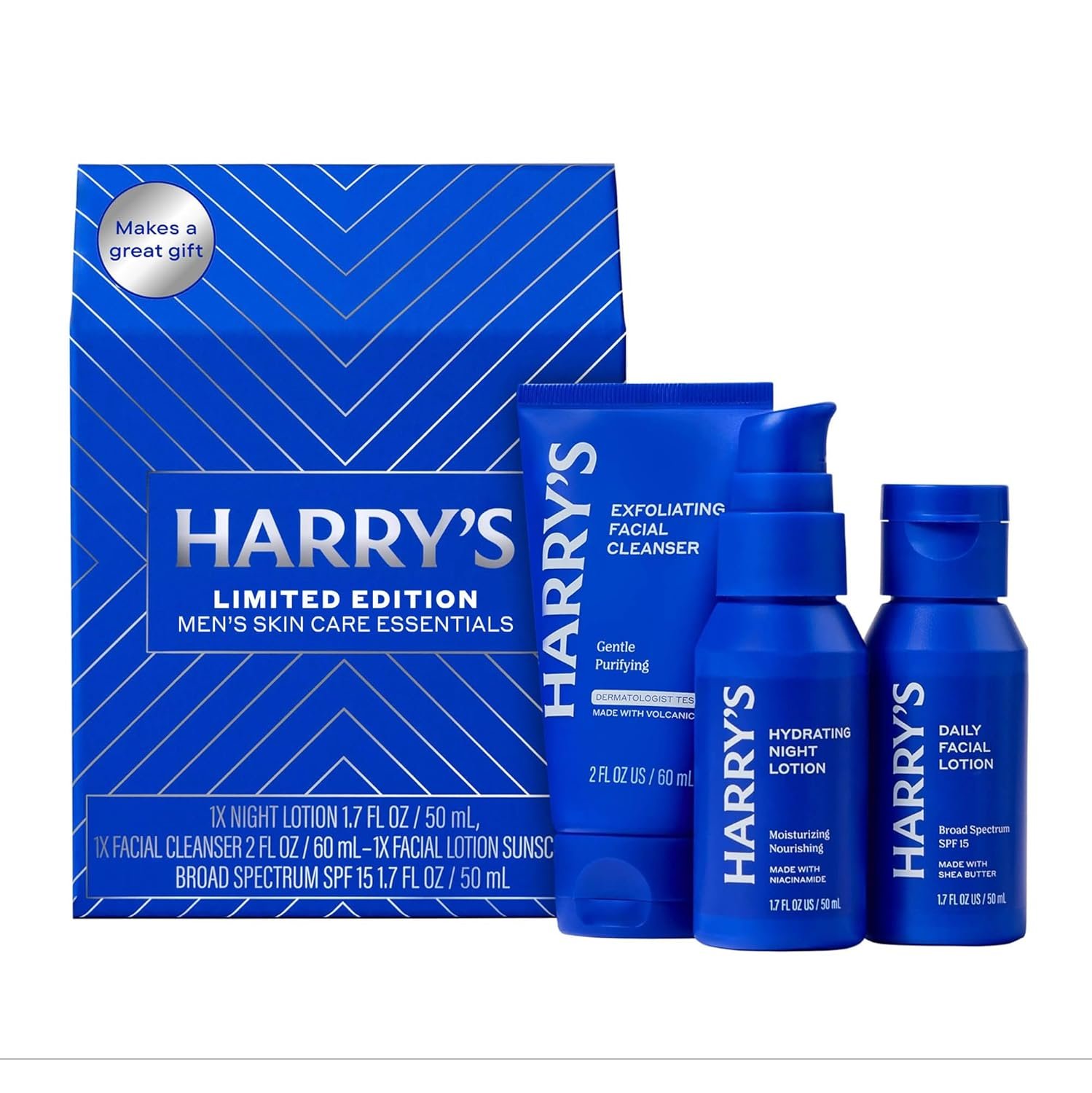 Harry’s Limited Edition Holiday Gift Set for Men, Men’s Skincare Essentials (2 oz Exfoliating Face Wash, Daily Face Lotion with SPF 15, Hydrating Night Lotion)