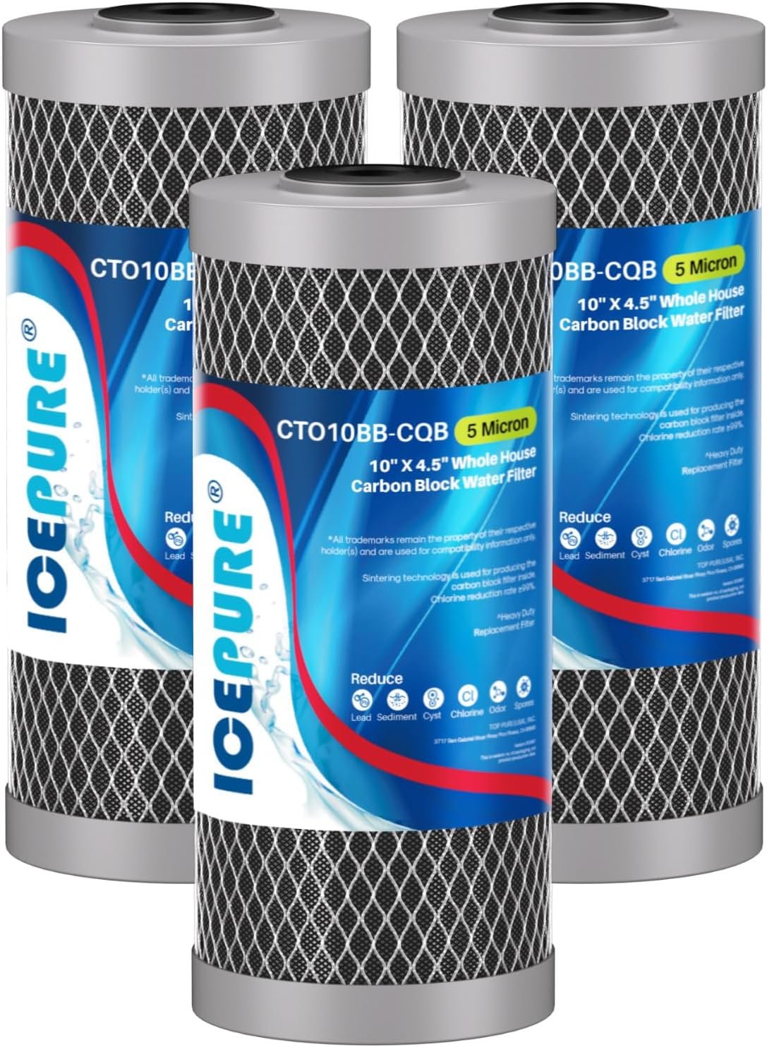 ICEPURE 5 Micron 4.5″ x 10″ CTO10BB-CQB Whole House Water Filter Upgraded Coconut Shell Activated Carbon Lead Removal Water Filter Replacement for Home, 3PACK