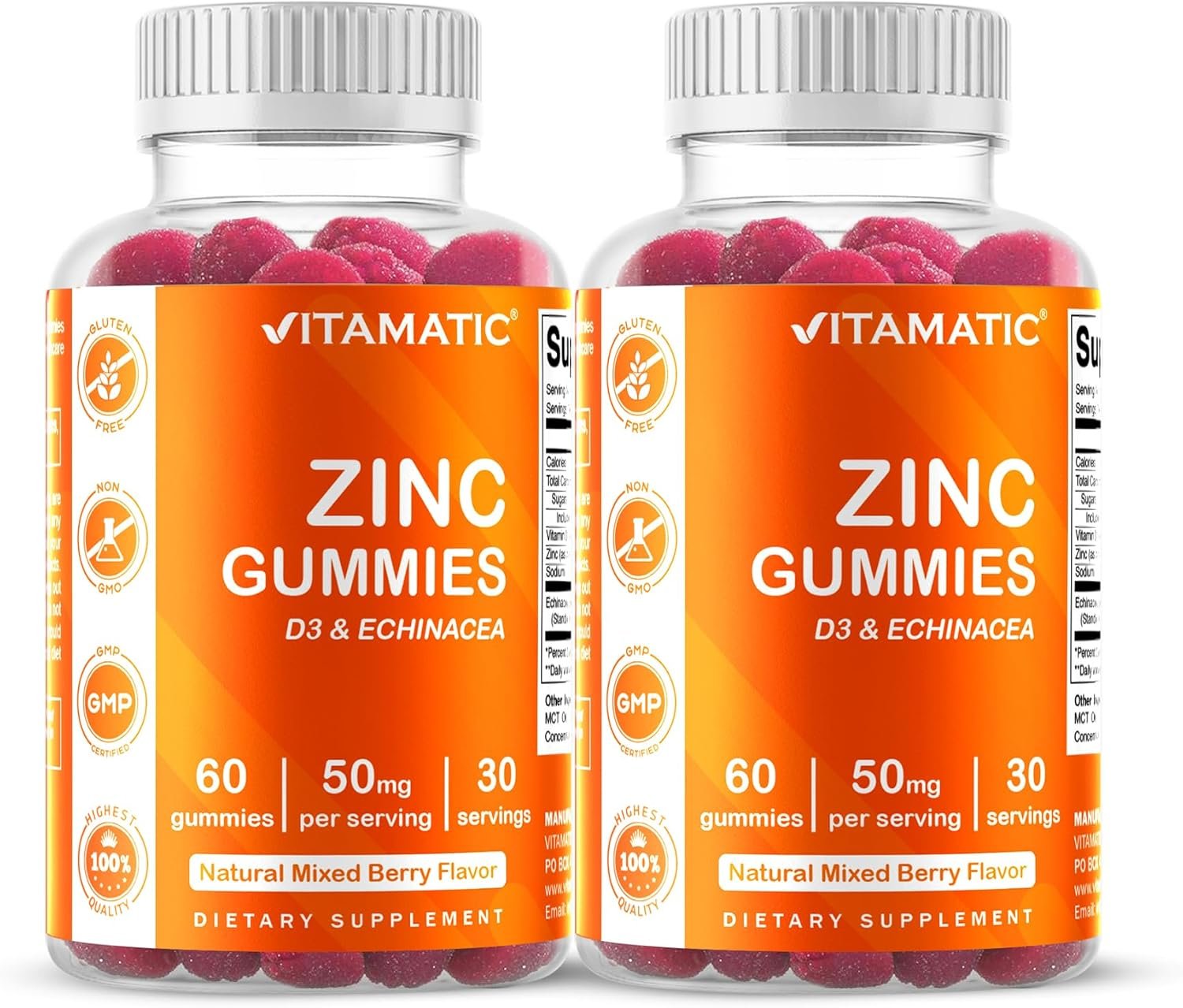 Vitamatic Zinc 50mg Gummies – 60 Vegan Gummies – Gluten-Free – 2 Pack
