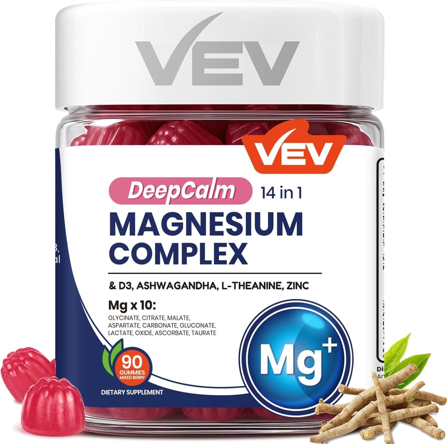 VEV Magnesium Complex DeepCalm 14-in-1 Gummies – with Ashwagandha, L-Theanine, Vitamin D3 & Zinc – Magnesium Complex for Women – No Added Sugar Vegan Magnesium Glycinate – 90 Gummies