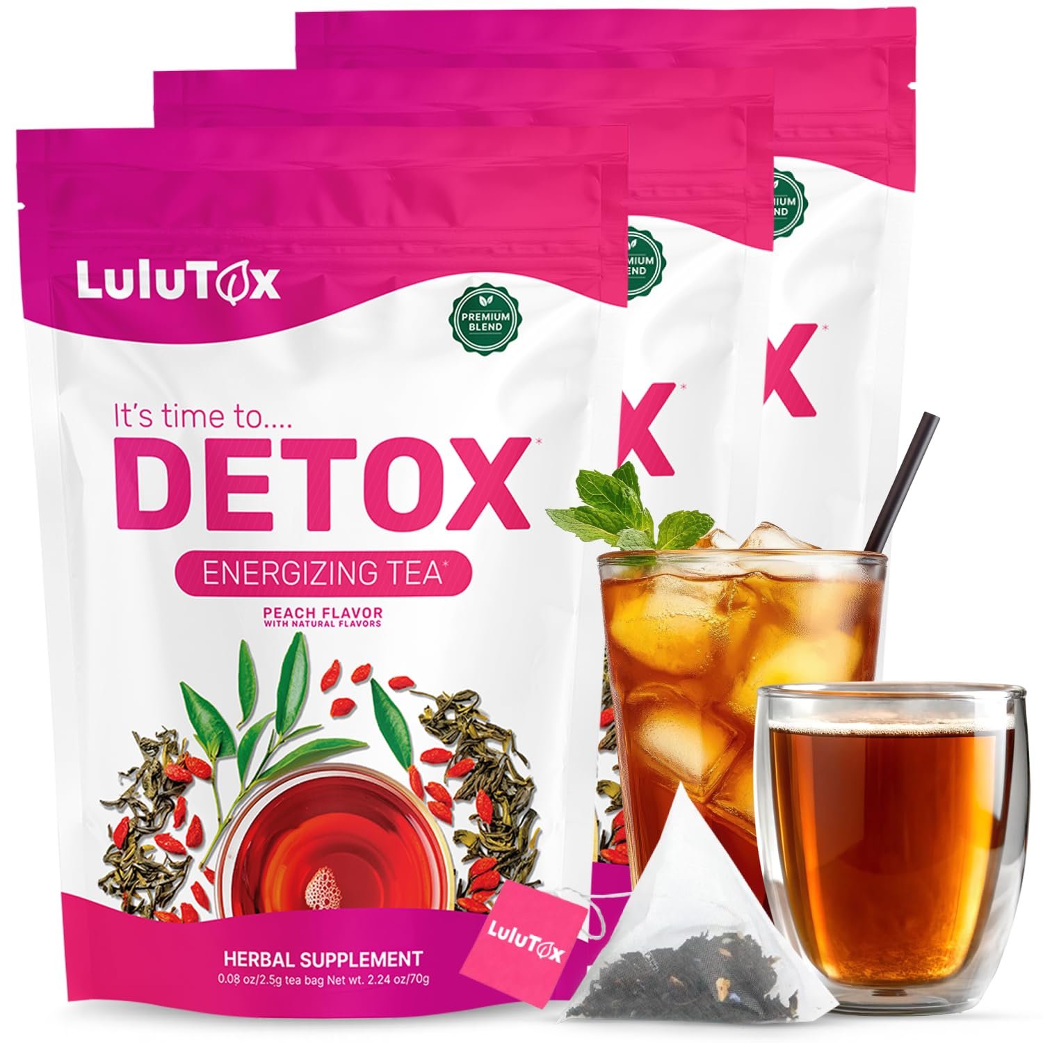 LULUTOX Detox Tea – Herbal Blend with Dandelion, Ginseng, and Ginger – Supports A Healthy Weight, Digestive Health – Vegan, All Natural, Laxative-Free – Peach Flavor (3 Pack x 28 Servings)