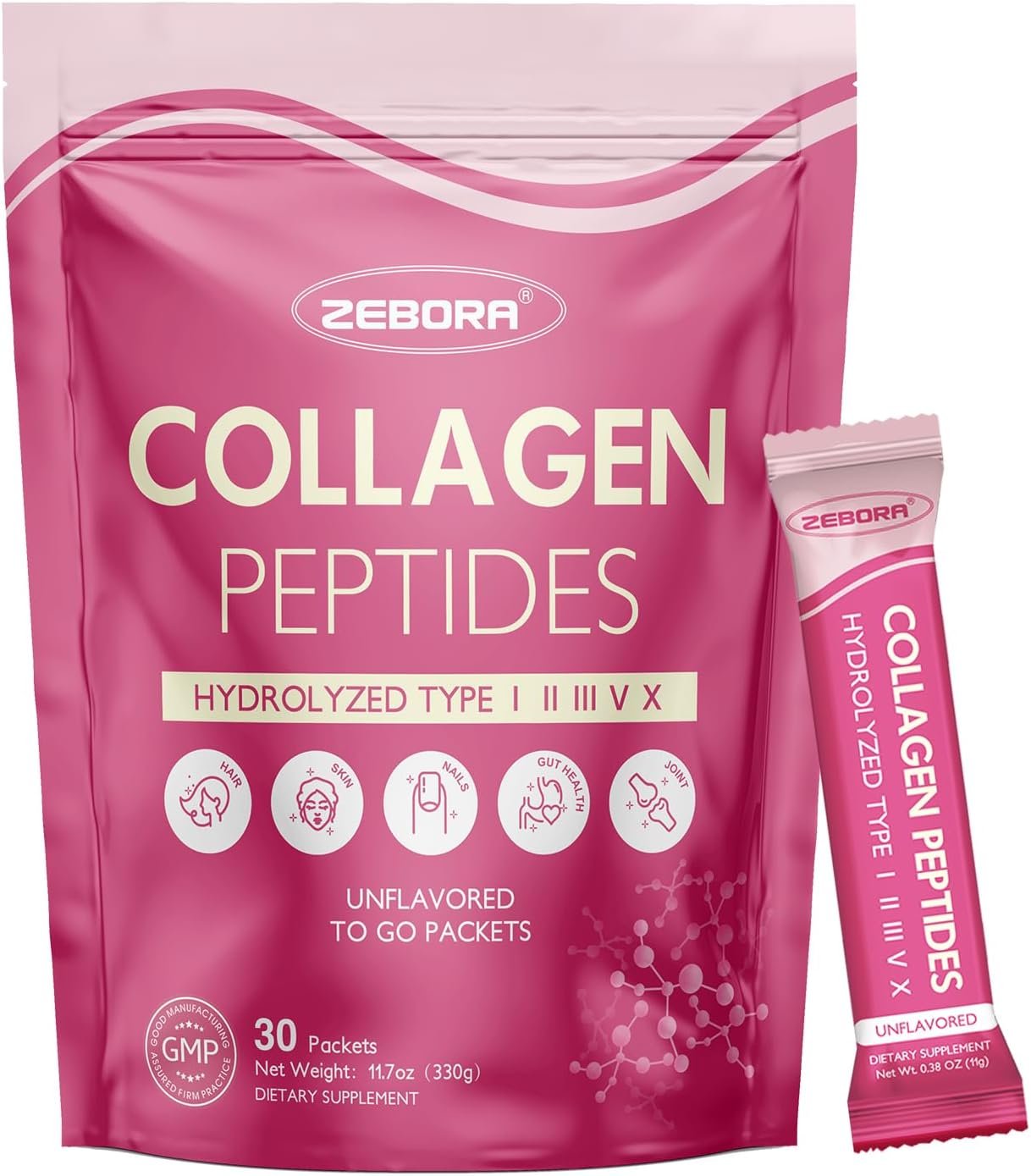 ZEBORA Multi Collagen Peptides Powder Packets with Hyaluronic Acid, Biotin, MCT – Hydrolyzed Collagen with 5 Billion Probiotics – Support Skin Hair Nail & Gut Health – 30 Stick Packs