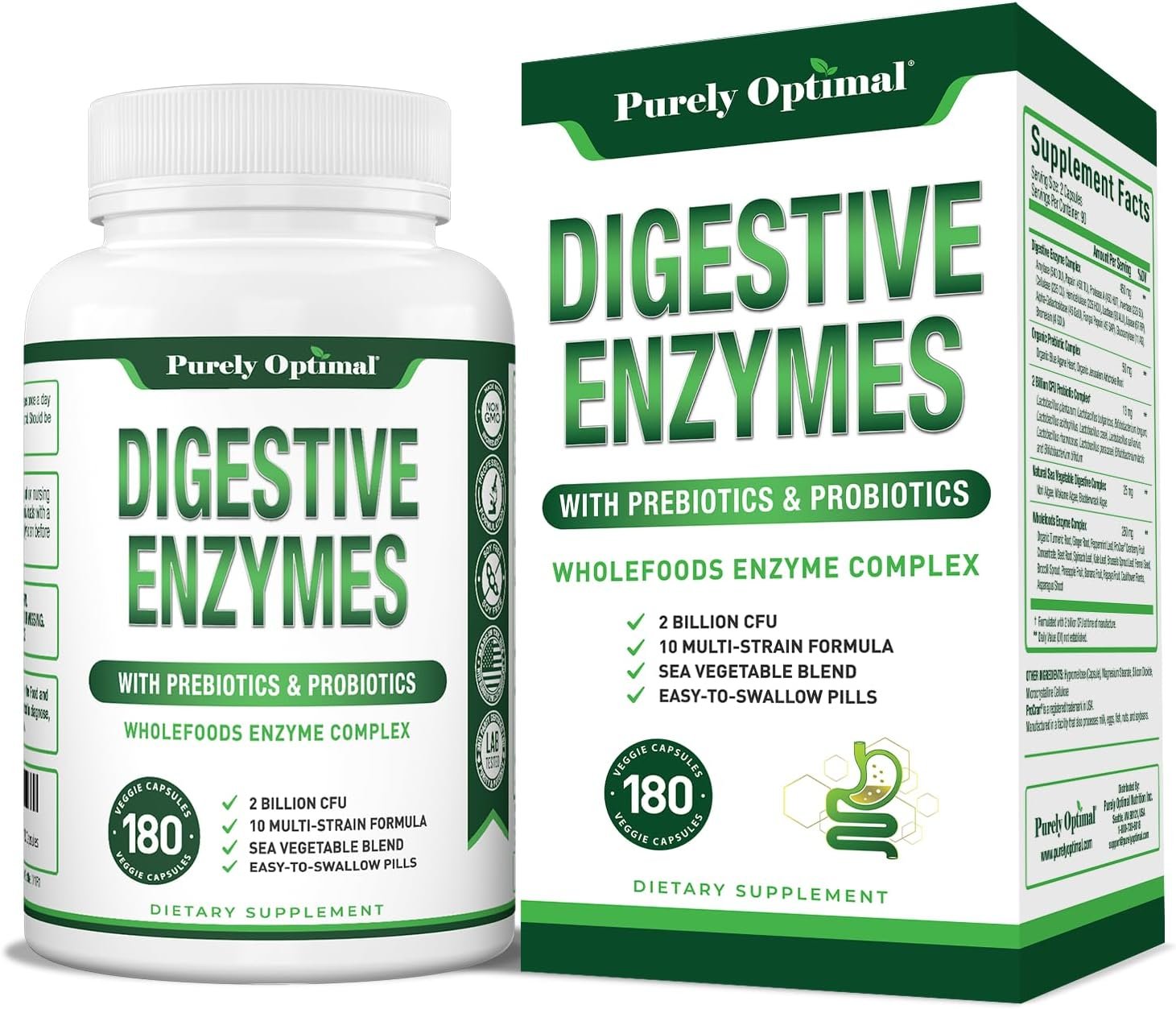 Purely Optimal Digestive Enzymes for Women and Men – Multi-Enzyme Supplement for Bloating Relief, Digestion and Heavy Meal Support – with Probiotics and Prebiotics for Gut Health – 180 Capsules