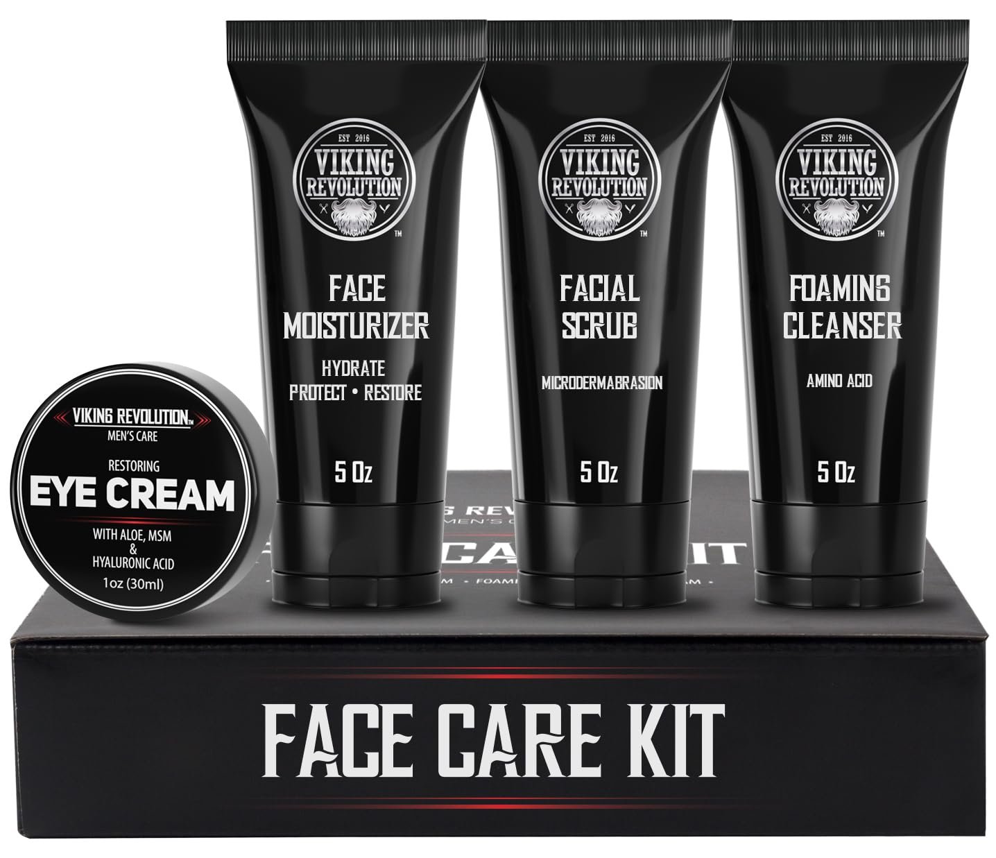 Viking Revolution Men’s Facial Skin Care Kit – Includes Rejuvenating Face Moisturizer, Microdermabrasion Facial Scrub, Foaming Cleanser (5oz Each) and Eye Cream (1oz)