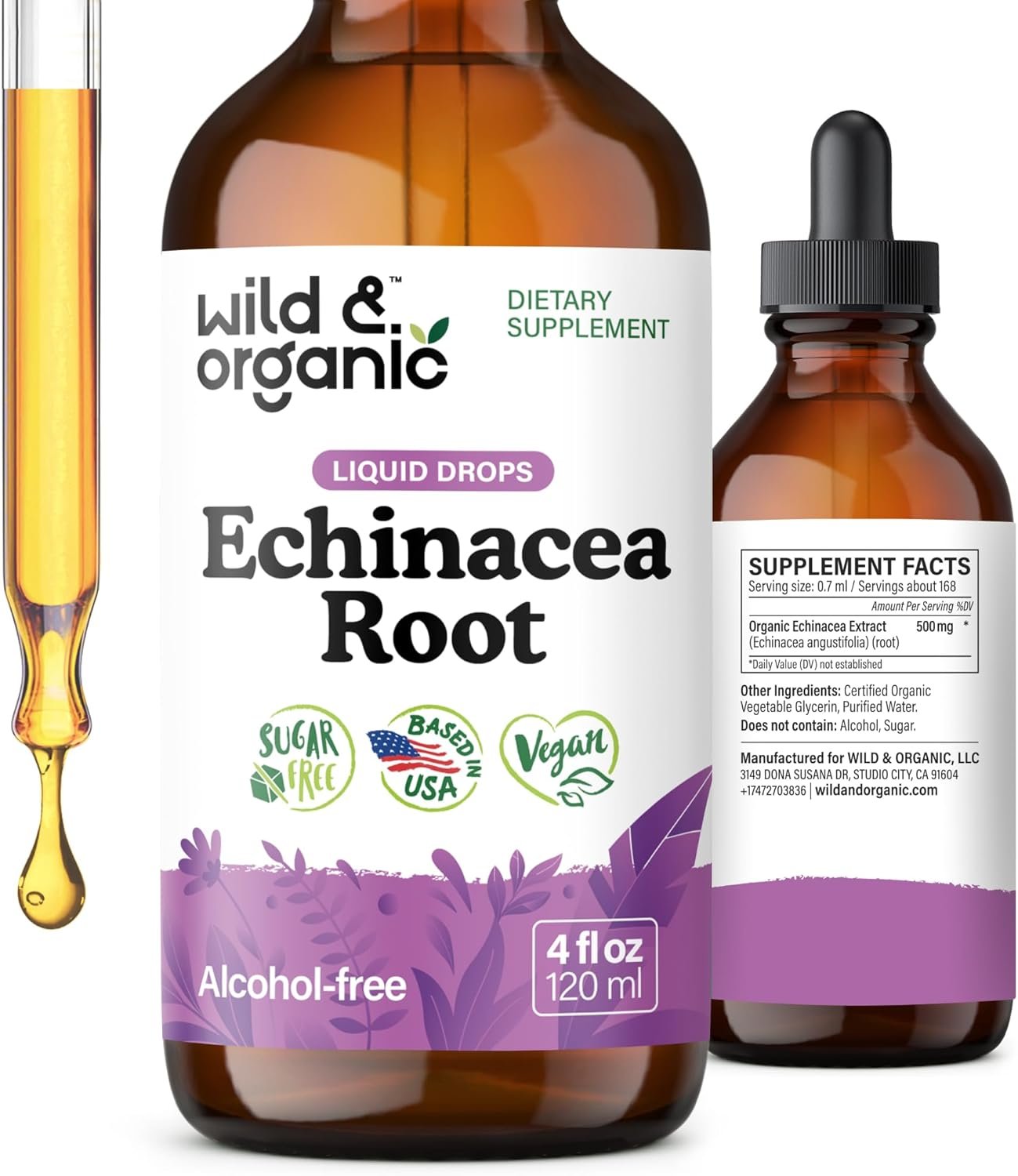 Wild & Organic Echinacea Drops – Immune Support Supplement with Echinacea Angustifolia – Liquid Root Extract Tincture – Vegan, Sugar & Alcohol-Free – 4 fl oz