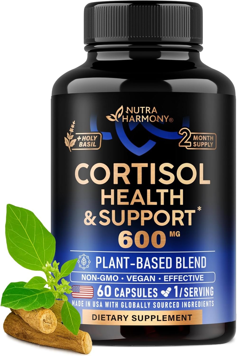 Cortisol Supplement for Women – Holy Basil | Ashwagandha | Rhodiola | L-Theanine – Plant-Based Hormone Balance – Mood, Focus & Sleep Support – Made in USA – Vegan, Non-GMO – 60 Capsules for 2 Months