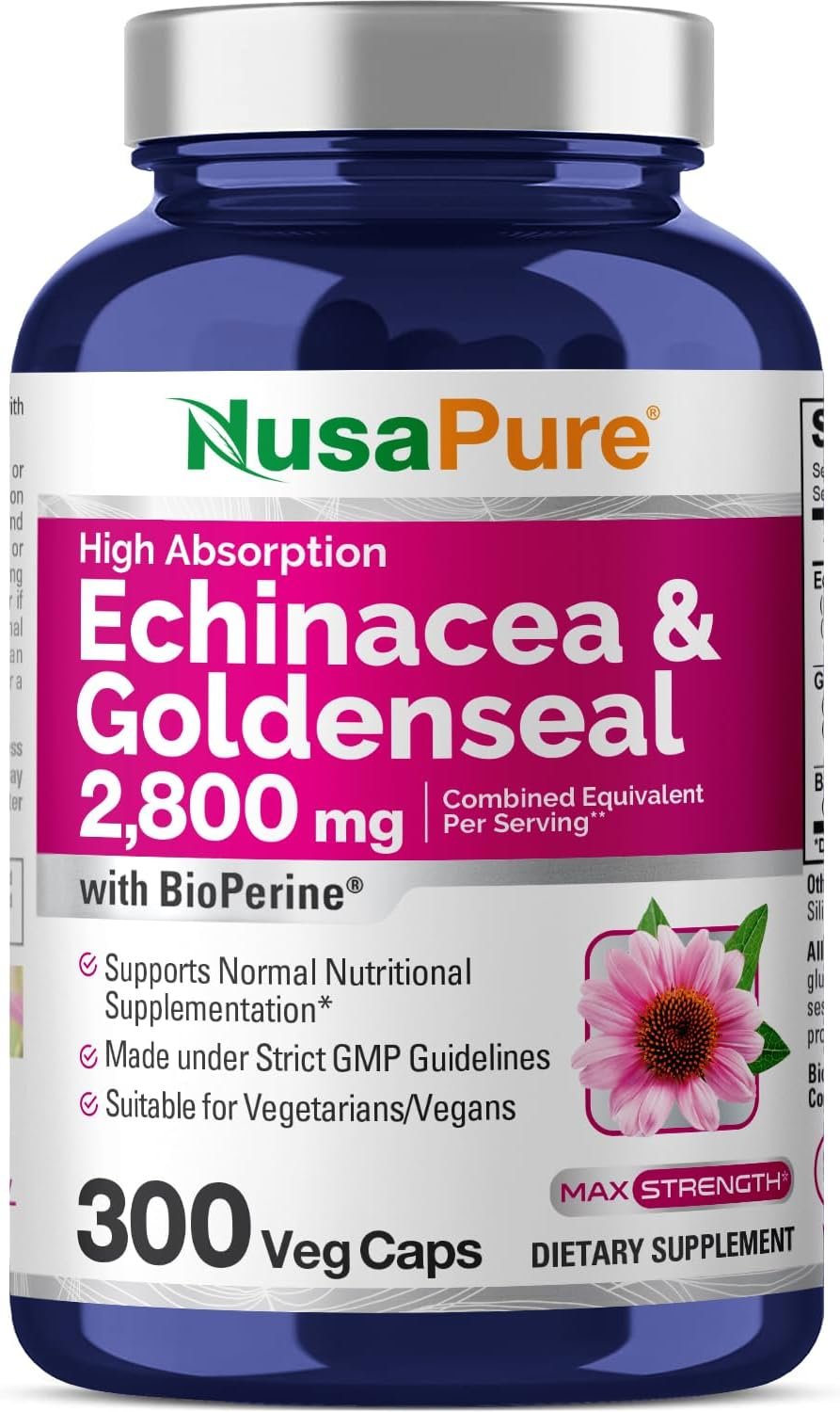 NusaPure Echinacea Goldenseal 200mg, (Extract 10:1, Equivalent to 2,000mg), 200mg, (Extract 4:1, Equivalent to 800mg) – 2800mg 300 Veggie Caps (Vegetarian, Non-GMO, Vegan)