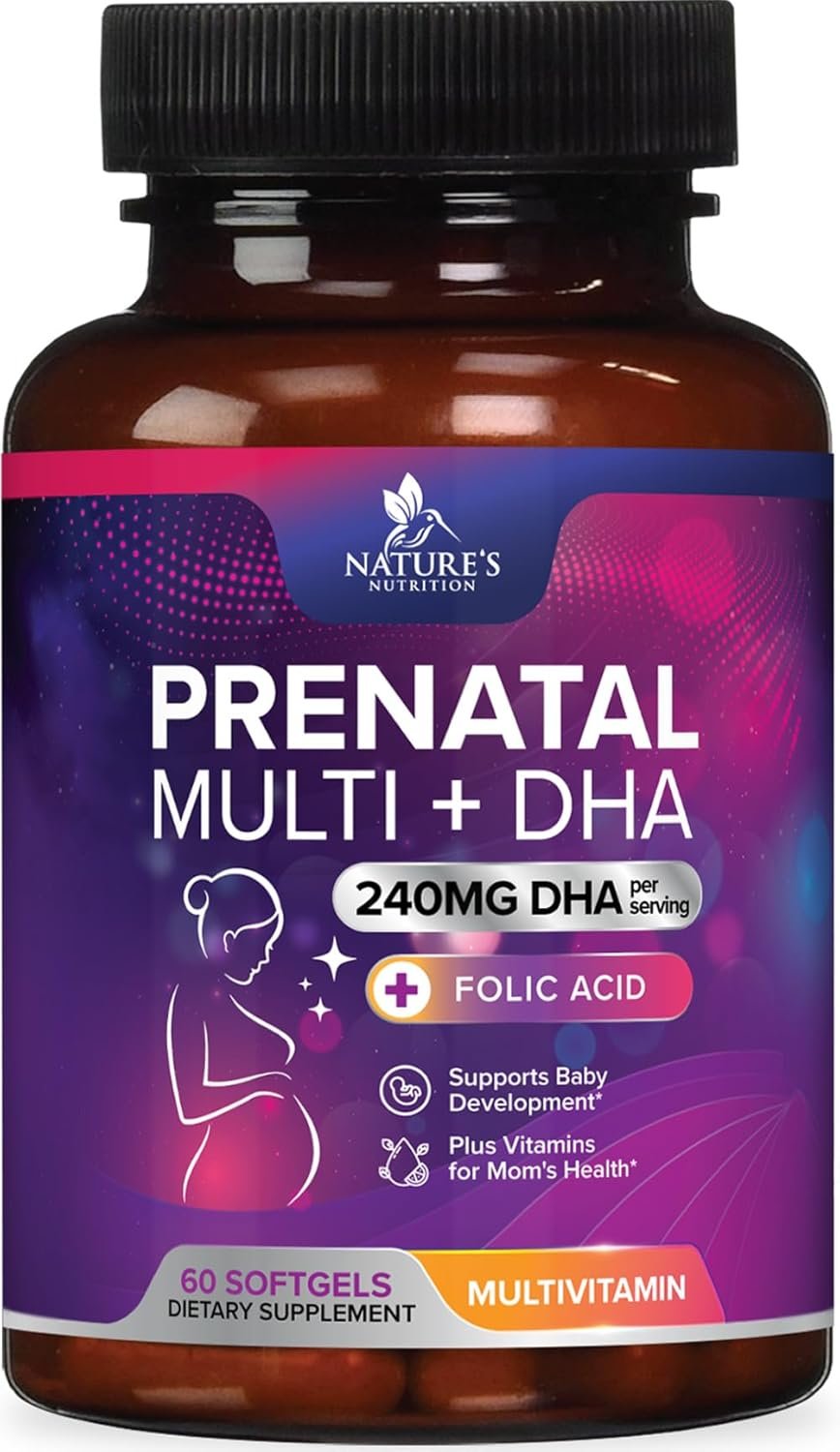 Prenatal Vitamins with Folic Acid & DHA, Fetal Brain Development Support with Folate & Omega 3’s, Prenatal Multivitamin for Women, Vitamin A, C, D, B6, B12 & Iron, Pregnancy Supplement – 60 Softgels