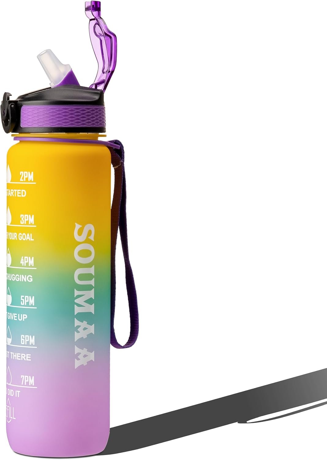 32 oz Motivational Water Bottle with Time Marker, Tritan BPA-Free Reusable Bottle, Spill-Proof with Straw Lid & Carrying Loop, Leakproof Plastic Water Bottle for Office, Gym, Workouts