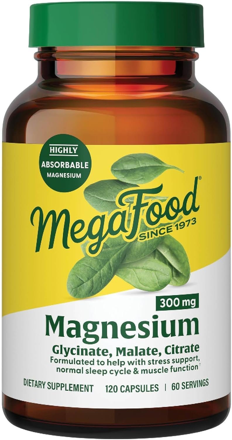 MegaFood Magnesium Glycinate, Citrate & Malate 300mg Supplement – Highly Absorbable Blend to Support Heart, Nerve Health & Relaxation, Triple Magnesium Complex Supplement, 120 Capsules (60 Servings)