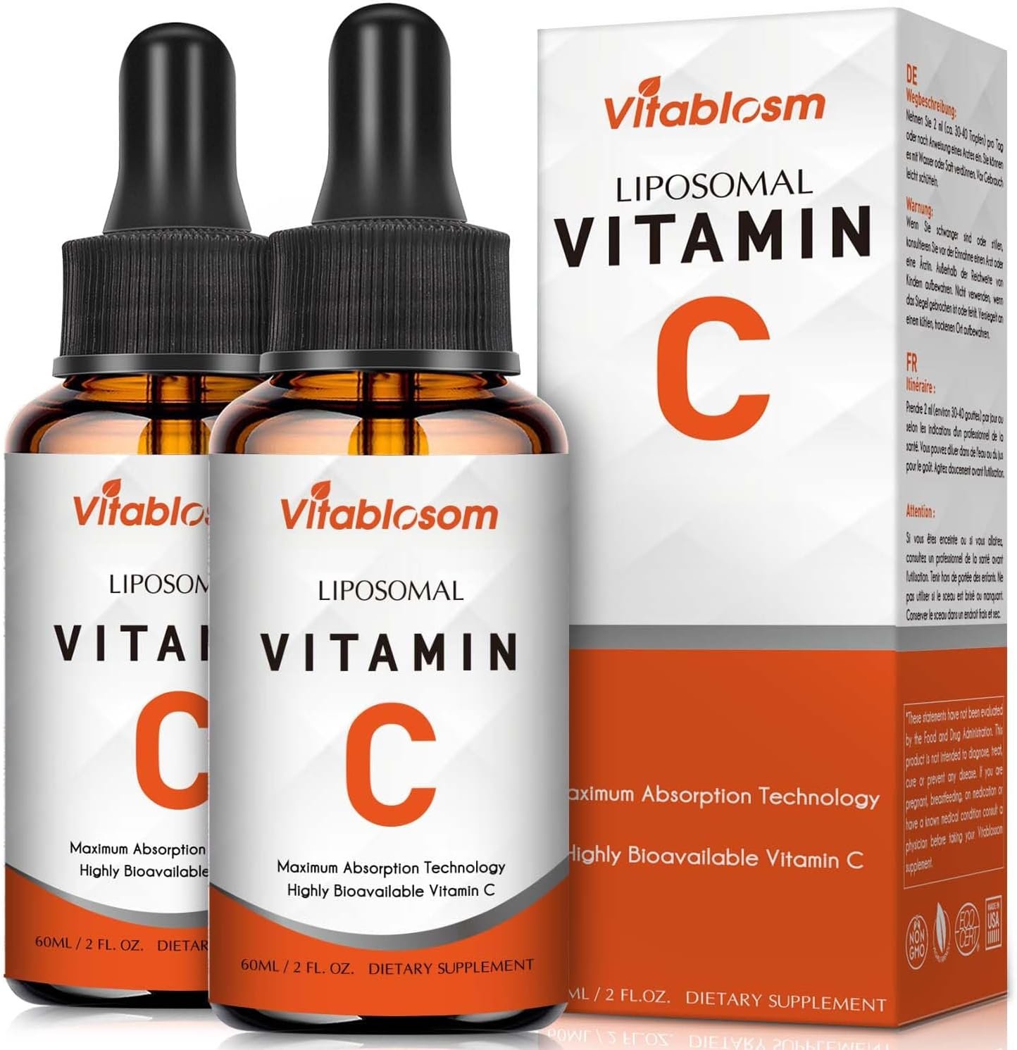 Liposomal Vitamin C 2000mg Liquid for Adults, High Absorption VIT C, Maximize Vitamin C, Immune System & Antioxidant Support, 60ML (2 Bottle)