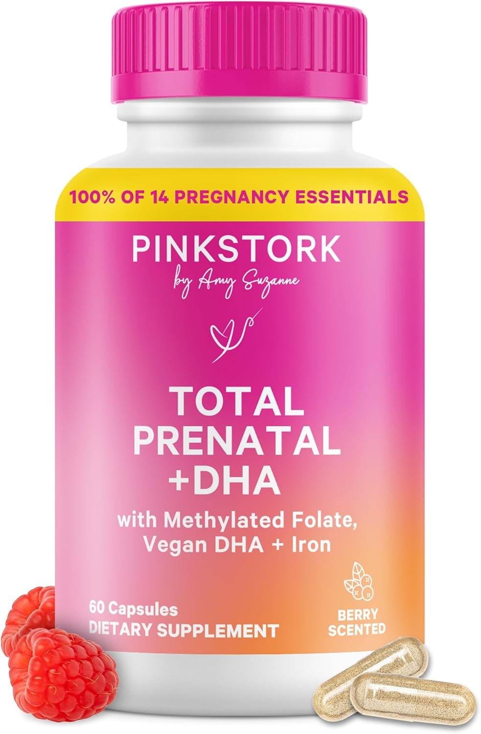 Pink Stork Total Prenatal Vitamins with DHA, Folate, Iron, Choline, and Vitamin B12 – Prenatals for Women to Support Fetal Development, Pregnancy Essentials, Berry Essence, 60 Capsules, 1 Month Supply
